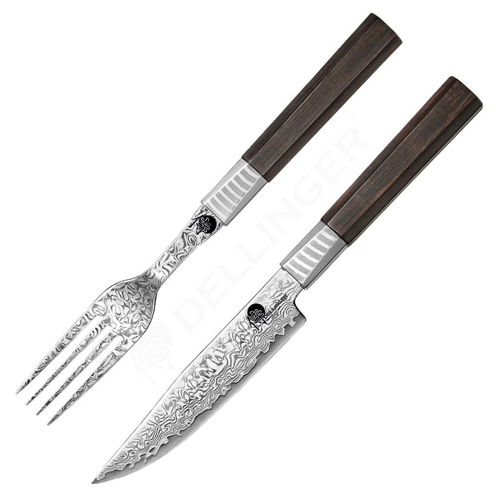 foto Pr�miov� sada dama�kov�ho no�e a vidli�ky Dellinger Damascus VG-10